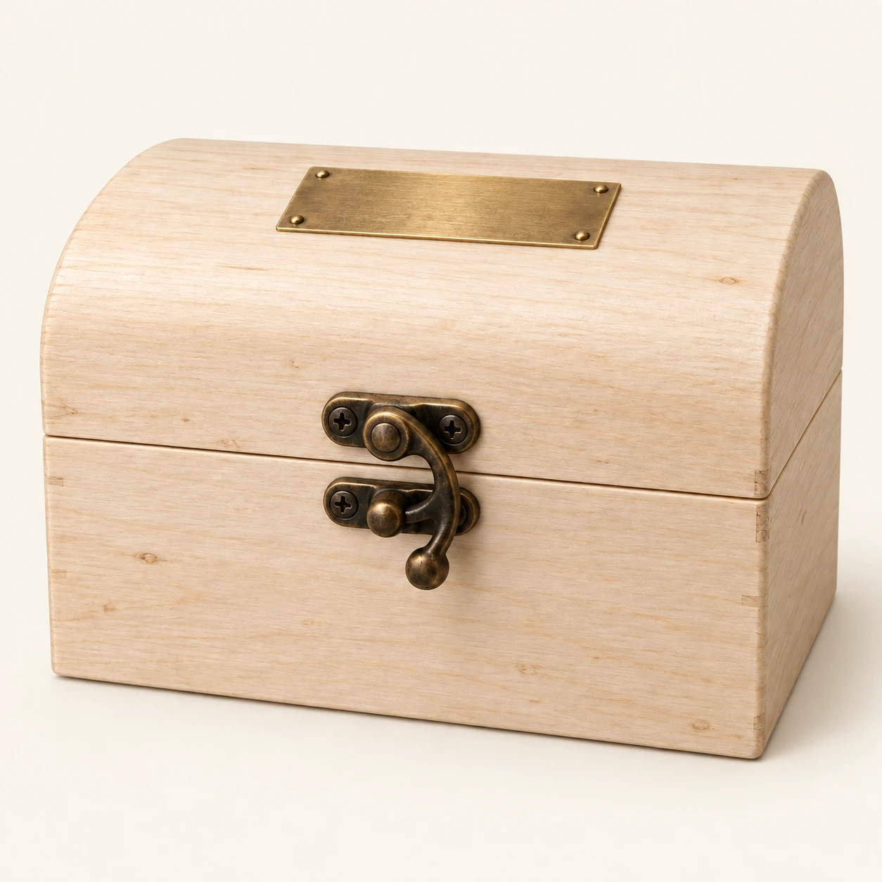 Illustration of a compact pale wooden pet ashes chest with brass clasp and engraving plate